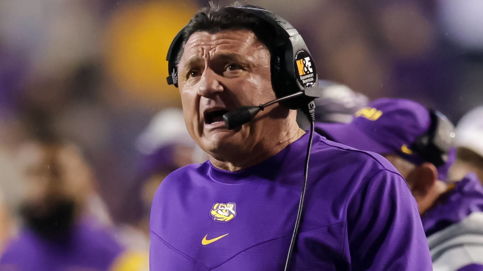 Ed Orgeron visits Notre Dame spring practice