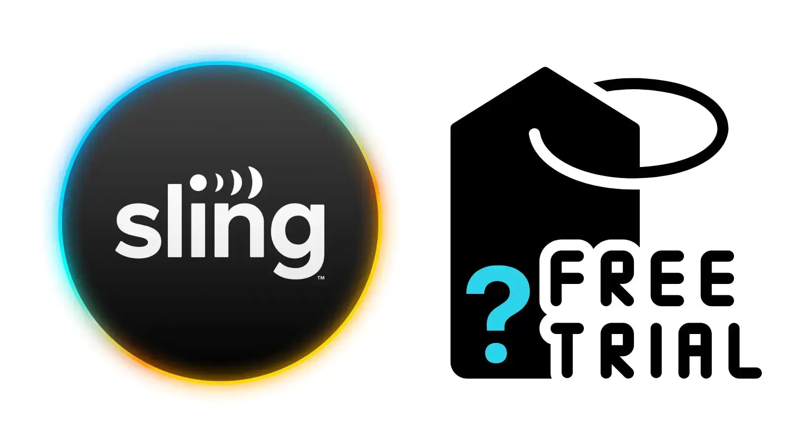 Sling TV Logo next to a tag with a question mark with words written "free trial"