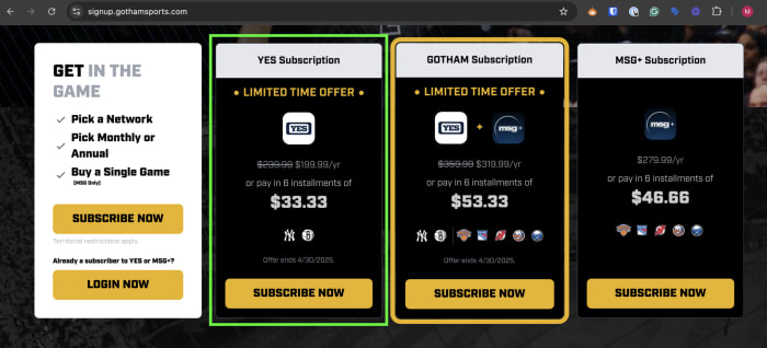 Screen Capture of The Yes Network And Its Subscription On The Gotham Sports App Desktop Interface