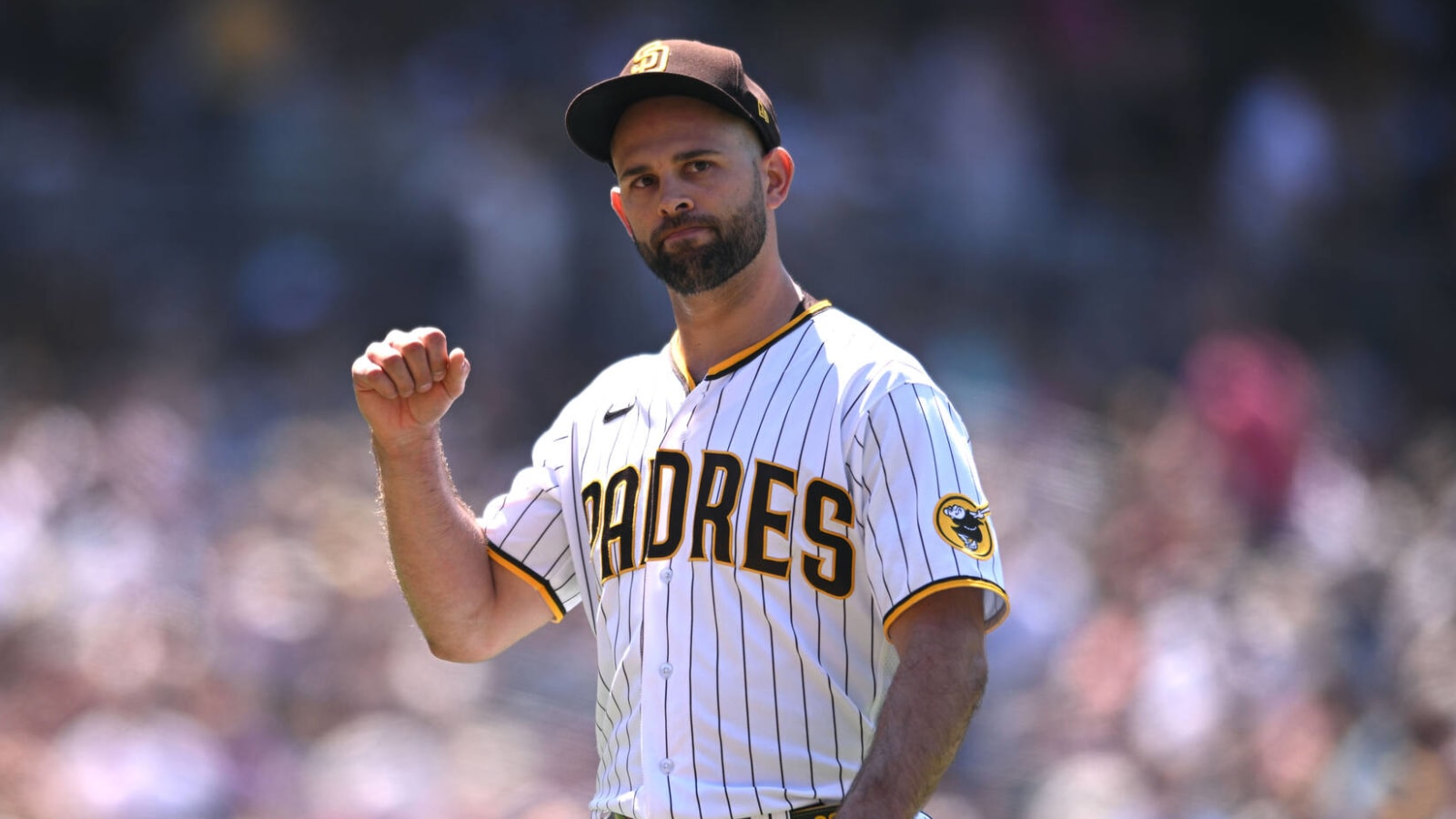 San Diego Padres starting pitcher Nick Martinez congratulates