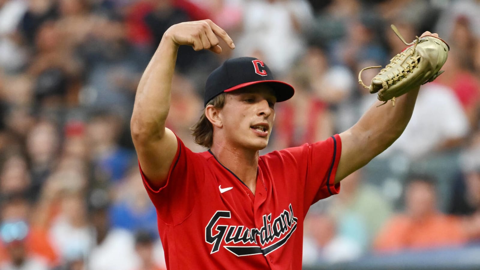 Cleveland Guardians relief pitcher James Karinchak celebrates