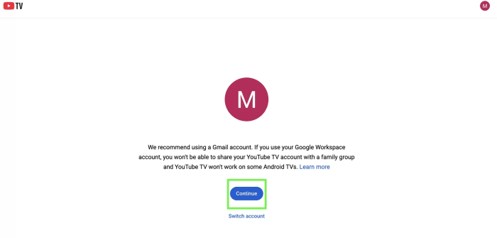 YouTube TV Gmail Login Continuation Page