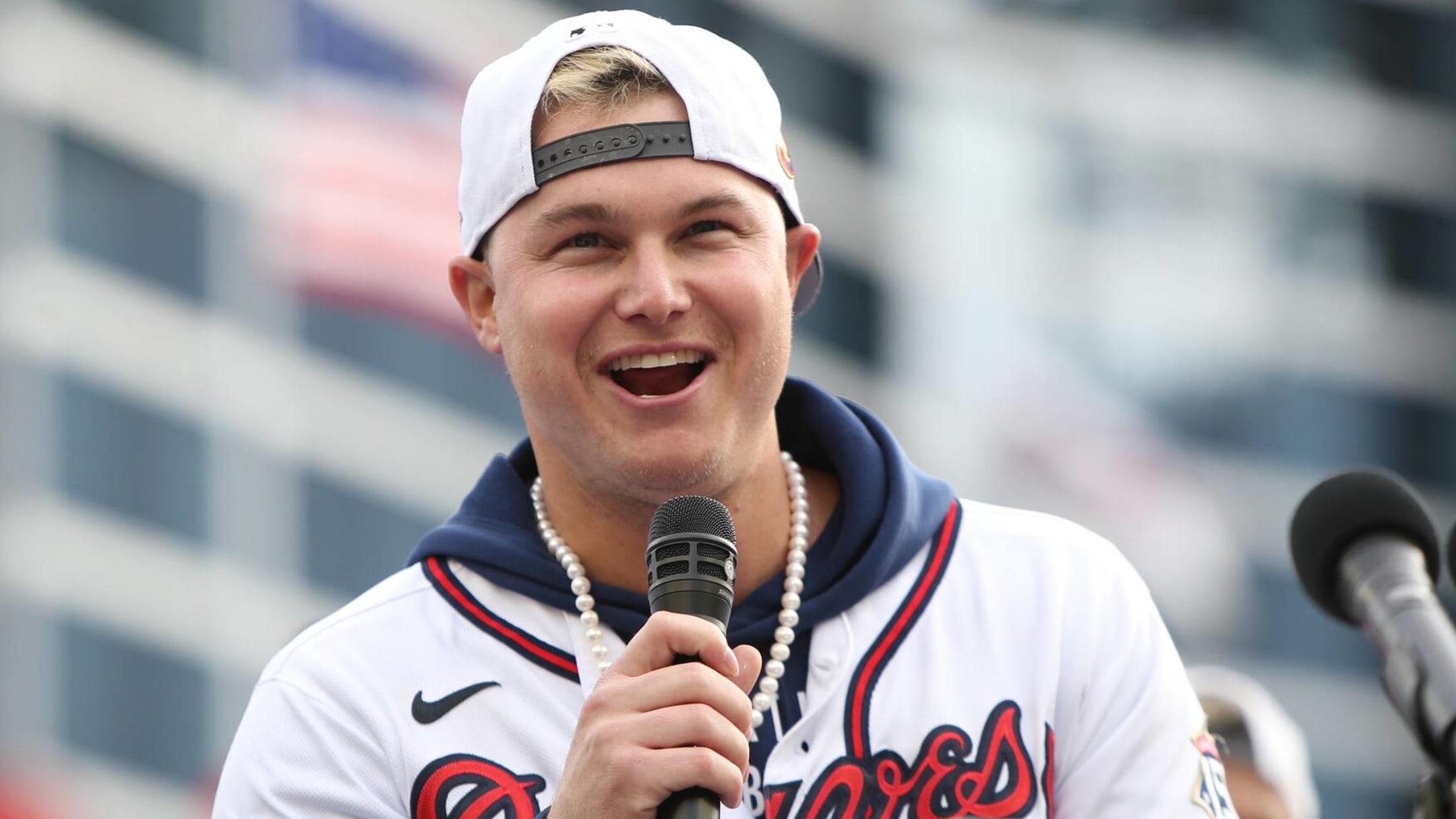 Atlanta Braves center fielder Joc Pederson (22) smiles during an