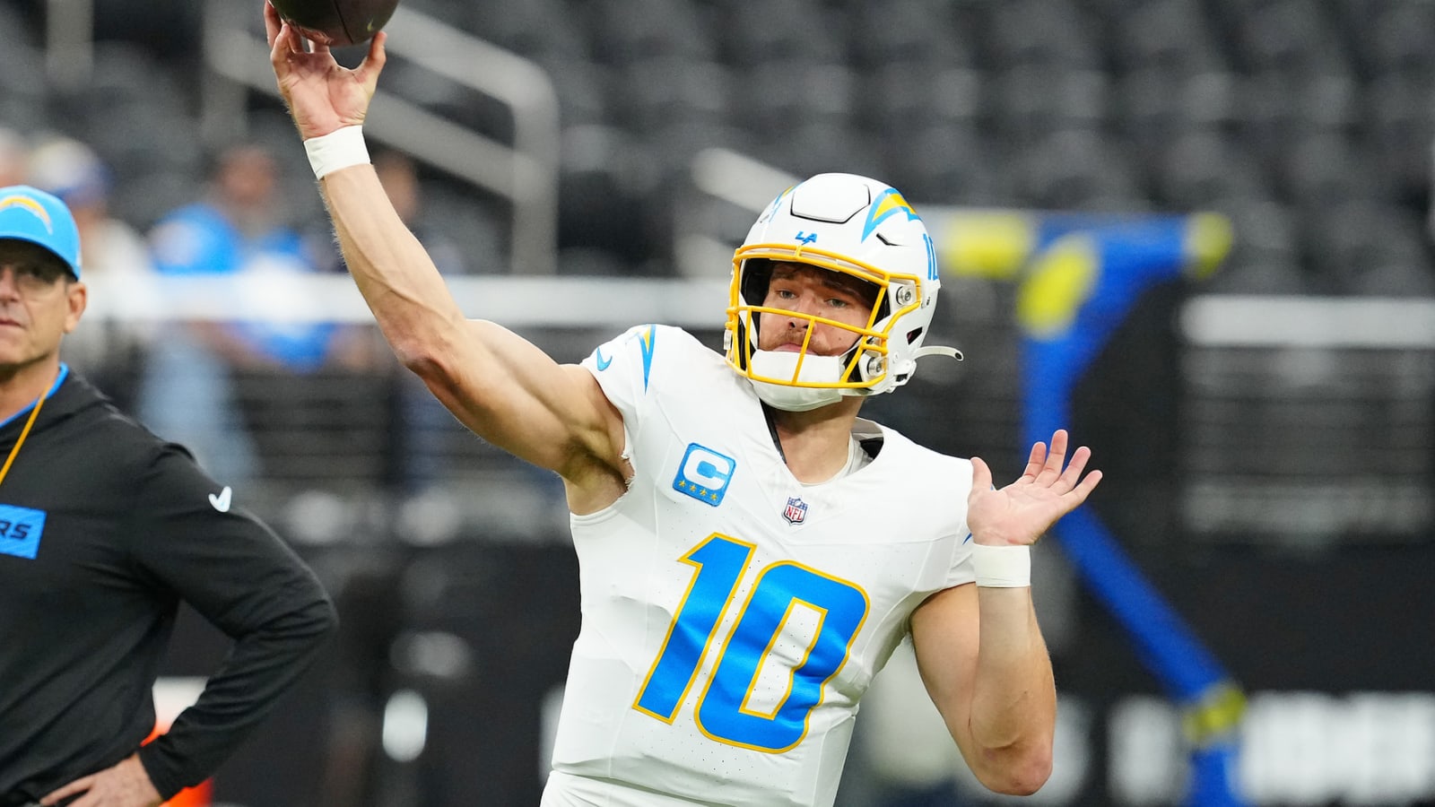 Jim Harbaugh compares Justin Herbert throw to legendary play