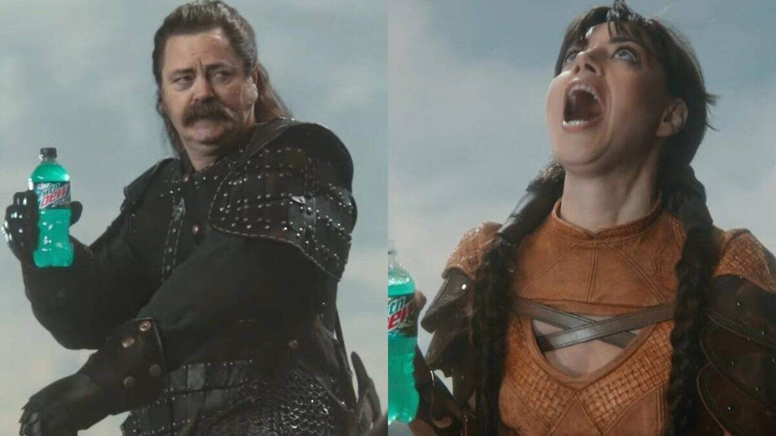 PARKS AND REC’s Aubrey Plaza and Nick Offerman Reunite Atop Dragons in MTN DEW Commercial