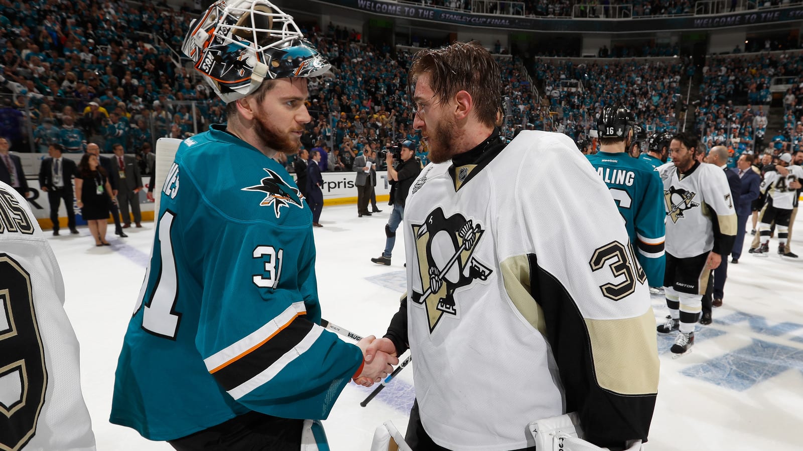 Who stays, goes between the pipes for Sharks and Penguins?