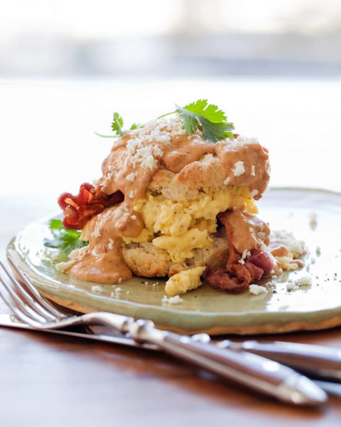 Green Chile Biscuits with Chorizo and Chipotle Gravy