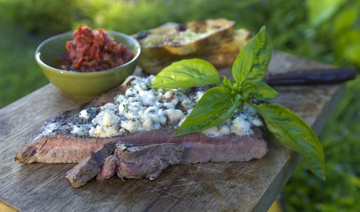 Grilled beef barbecue flank steak & gorgonzola blue cheese
