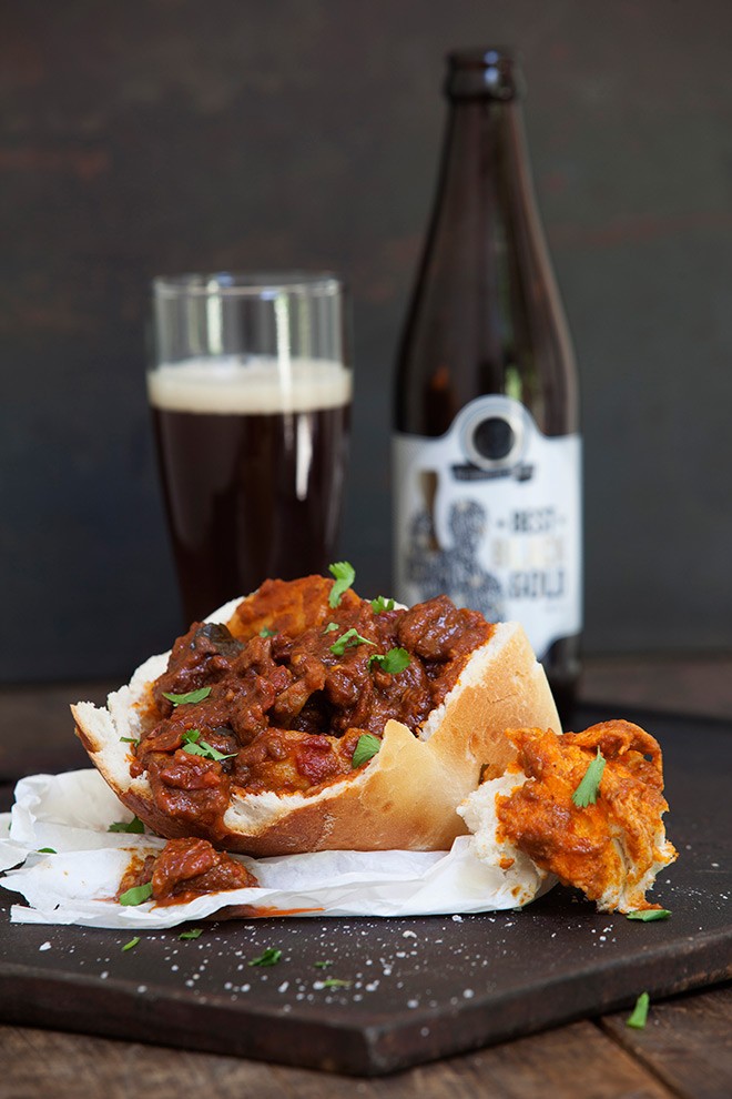 A Durban inspired dark lager lamb bunny chow