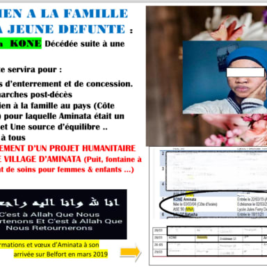 SOUTIEN A LA FAMILLE D’AMINATA KONE DÉCÉDÉE A 20 ans.
