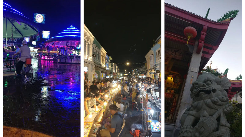 Clubs de fiesta en Patong, mercado callejero en Old Town Phuket y león de guardia chino en el templo Put Cho