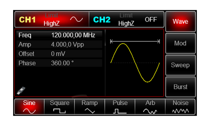 UTG2122B multi-waveform output up to 120 MHz