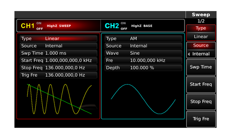 UTG4082A linear and logarithmic frequency sweep