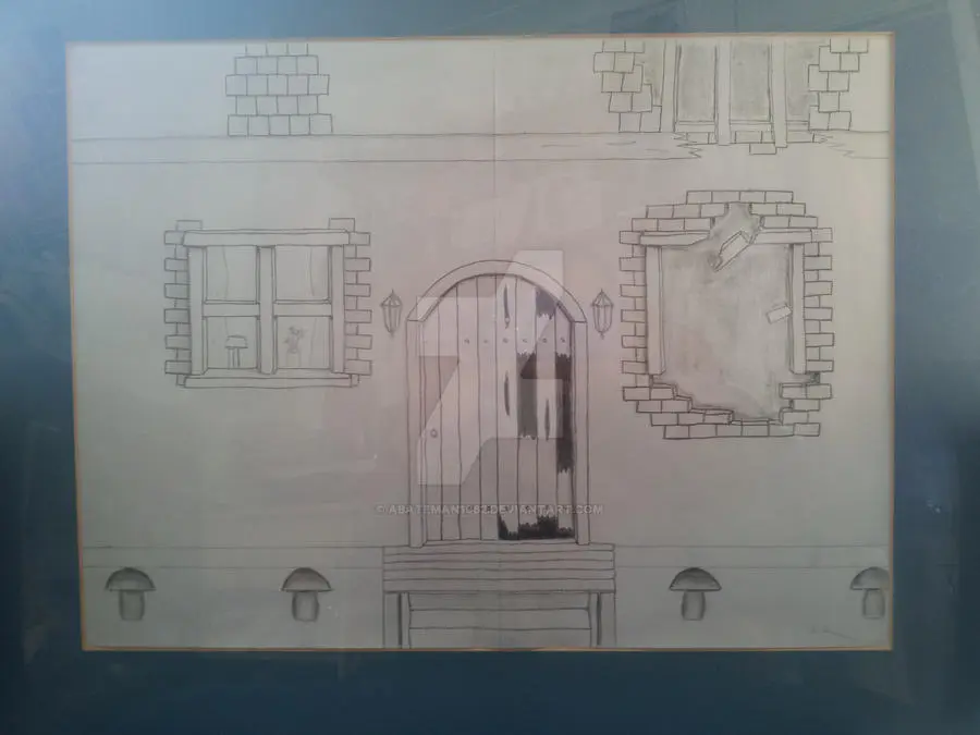 Pencil sketch of two houses, one intact and one in disrepair