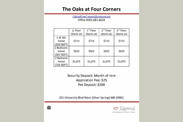 Oaks At Four Corners The Oaks Price Sheet