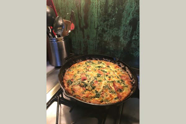 Swiss chard and spinach, cheese and ham frittata.