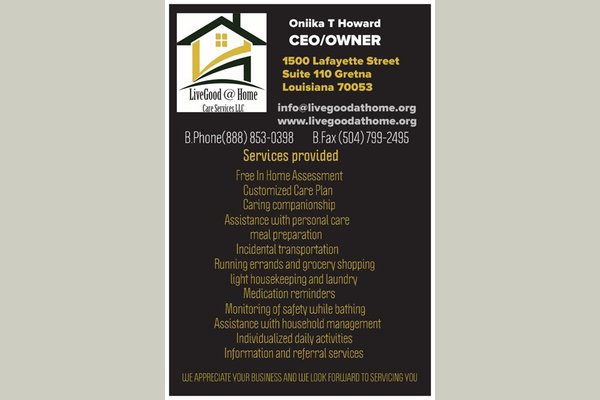LiveGood@Home Care offers in-home care services to thousand of families across Louisiana. We offer companionship and assistance with everyday tasks, such as light housekeeping, meal preparation, laundry, hygiene, grooming, running errands, transportation to doctor's appointments and grocery shopping. We also specialize in working with medical conditions such as Alzheimer's disease and dementia. Our in-home care is designed to help people, including seniors, meet all their needs while living in their own homes. It's our pleasure to serve our clients.