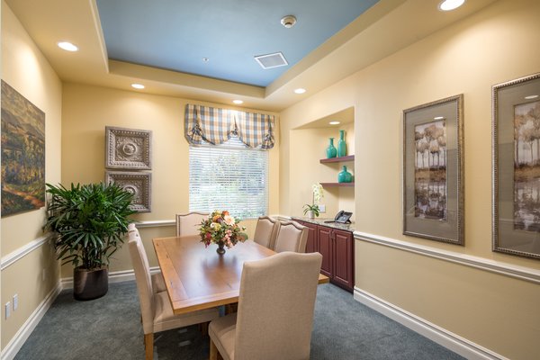 The family dining room allows family to enjoy private celebrations with their loved ones at ActivCare at Yorba Linda.