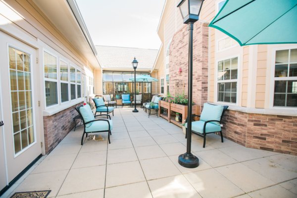 A secured courtyard for resident's to bask in the sun, hear the birds and get some fresh air, either with just a caregiver or other residents. 