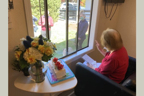 Last July, we made a homemade chocolate cake from scratch to celebrate our resident's 92nd birthday. Due to COVID19, her family gathered outside the window and sang a birthday song! Everyone shared the cake and really loved it! 