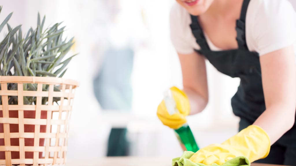 A woman sprays a counter with cleaning solution while working on vacation home cleaning.