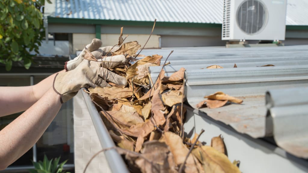 A pair of hands wearing work gloves clears leaves from a gutter, part of learning how to dewinterize a house