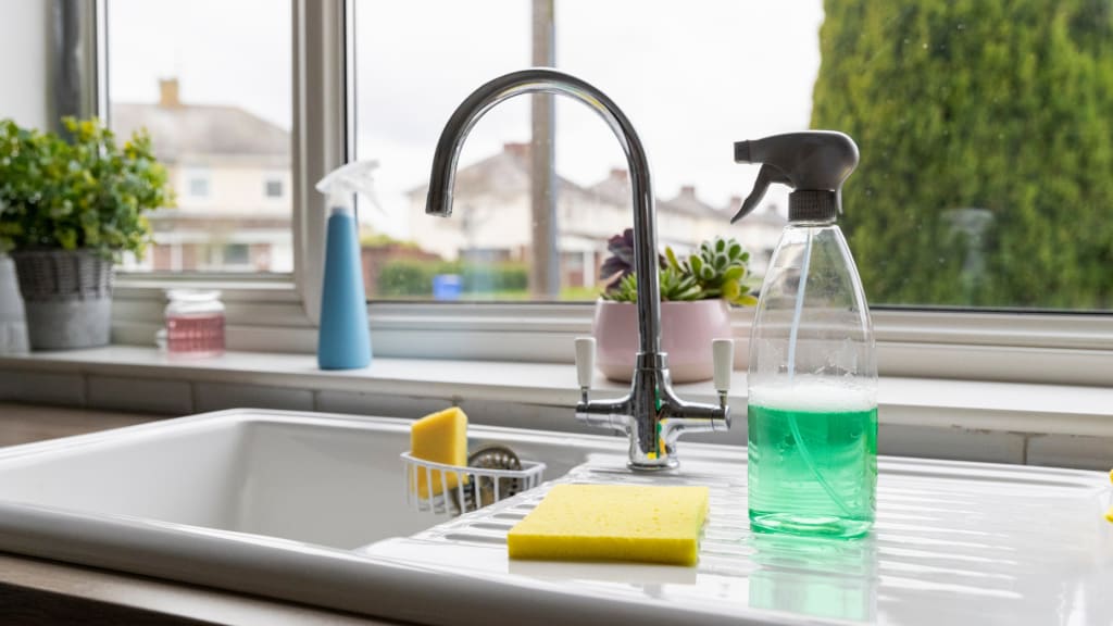 a bottle of green cleaning solution sits on a counter next to a sink, ready for spring cleaning hacks