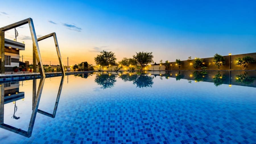 Private pool and garden view at Sand Dunes Stay, Jaipur