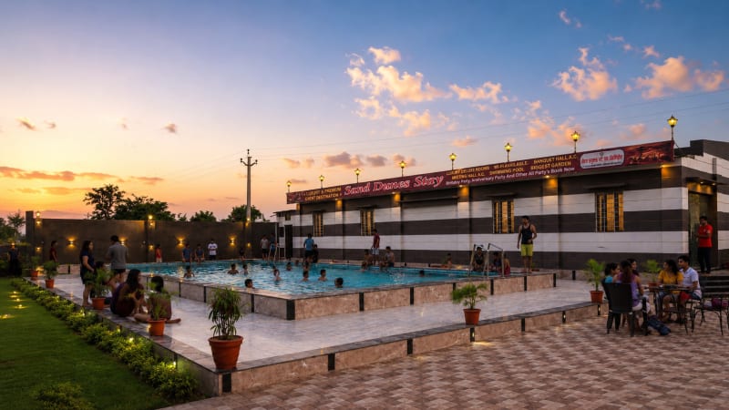Pool area with lounge seating at Jaipur farmhouse