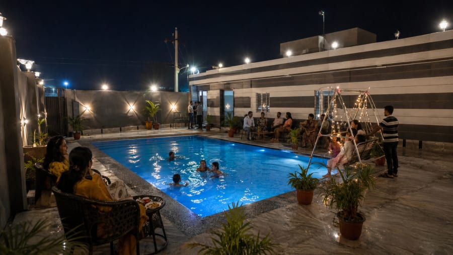 Evening pool at Sand Dunes Stay Bagru Jaipur — private pool villa for rent