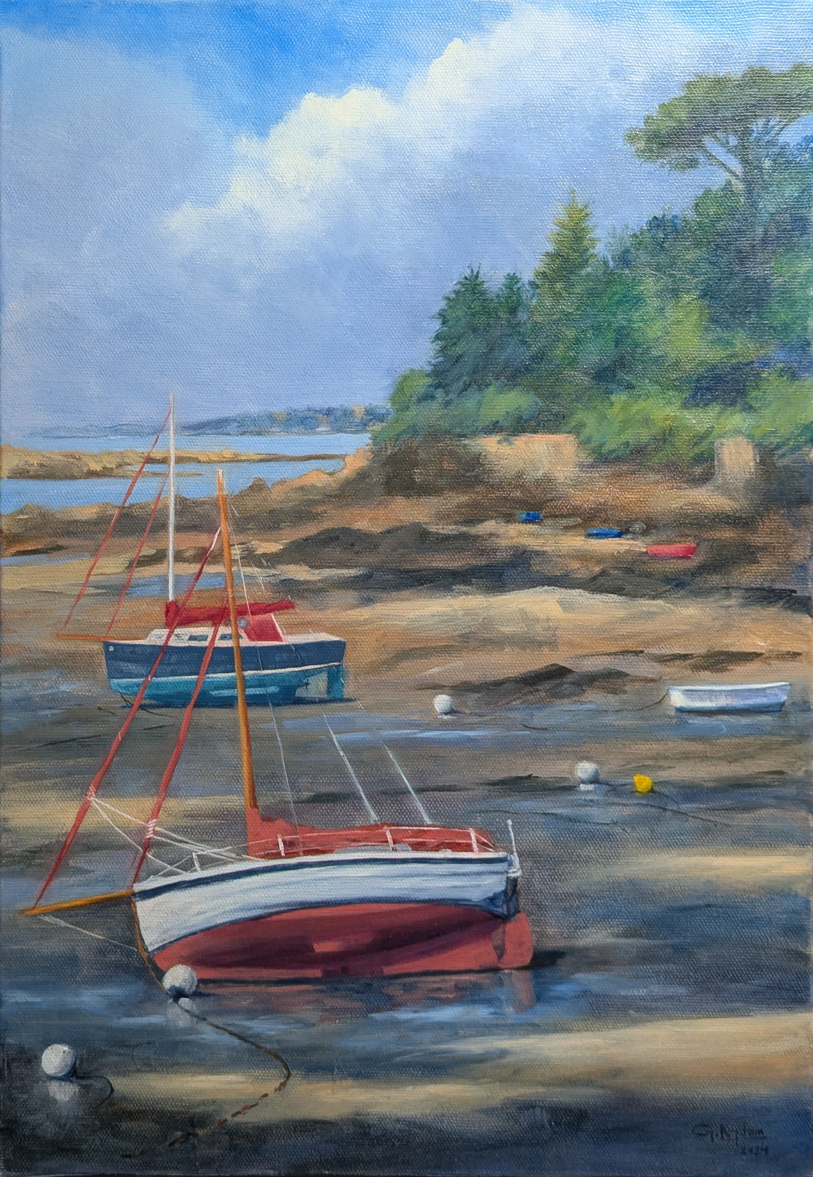 Bateaux à l’échouage au Béchet Saint Briac, Huile sur toile — œuvre de Gaëtan NYDAM