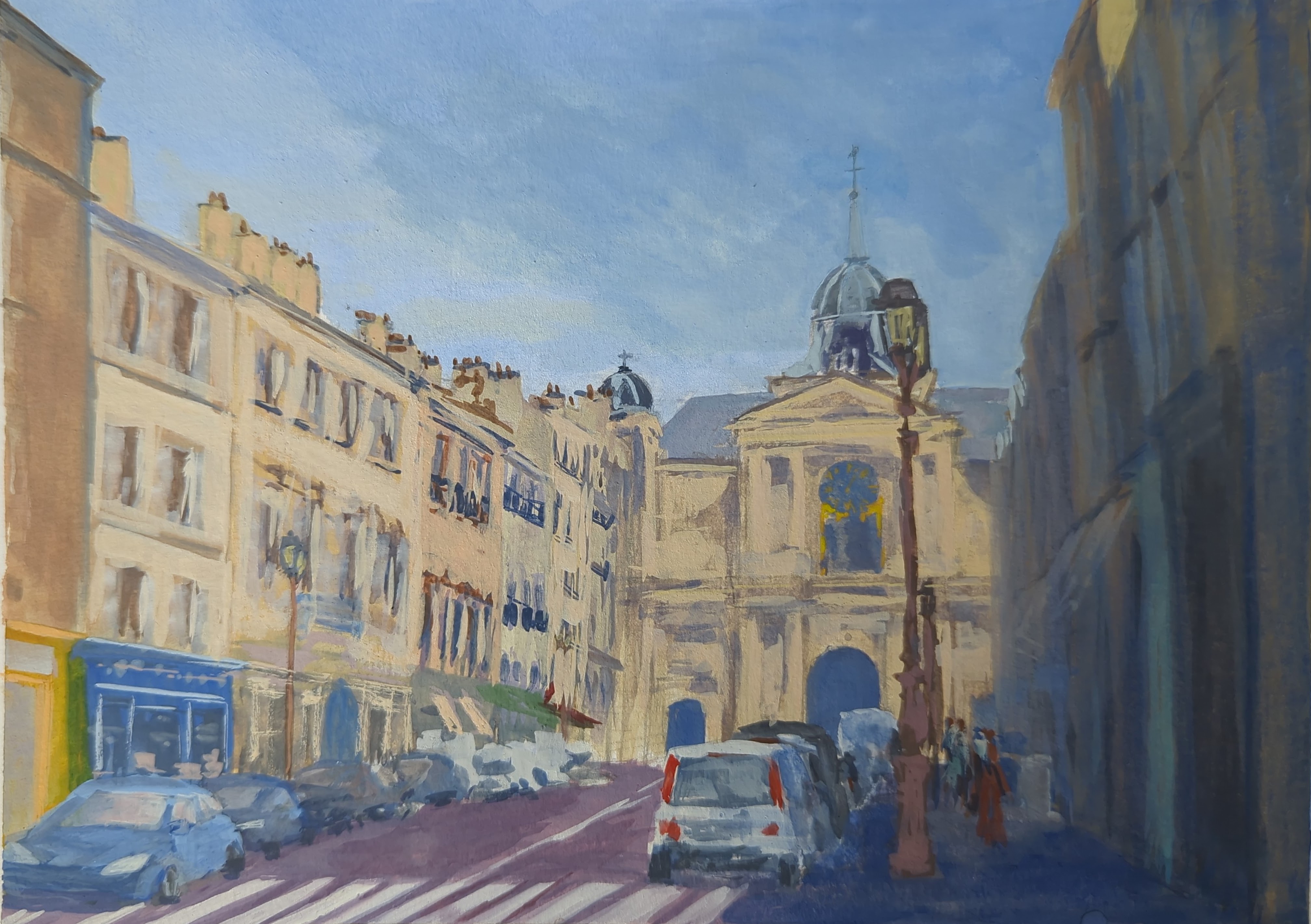 L'église Notre Dame de Versailles vue du square Hoche, Gouache — œuvre de Gaëtan NYDAM