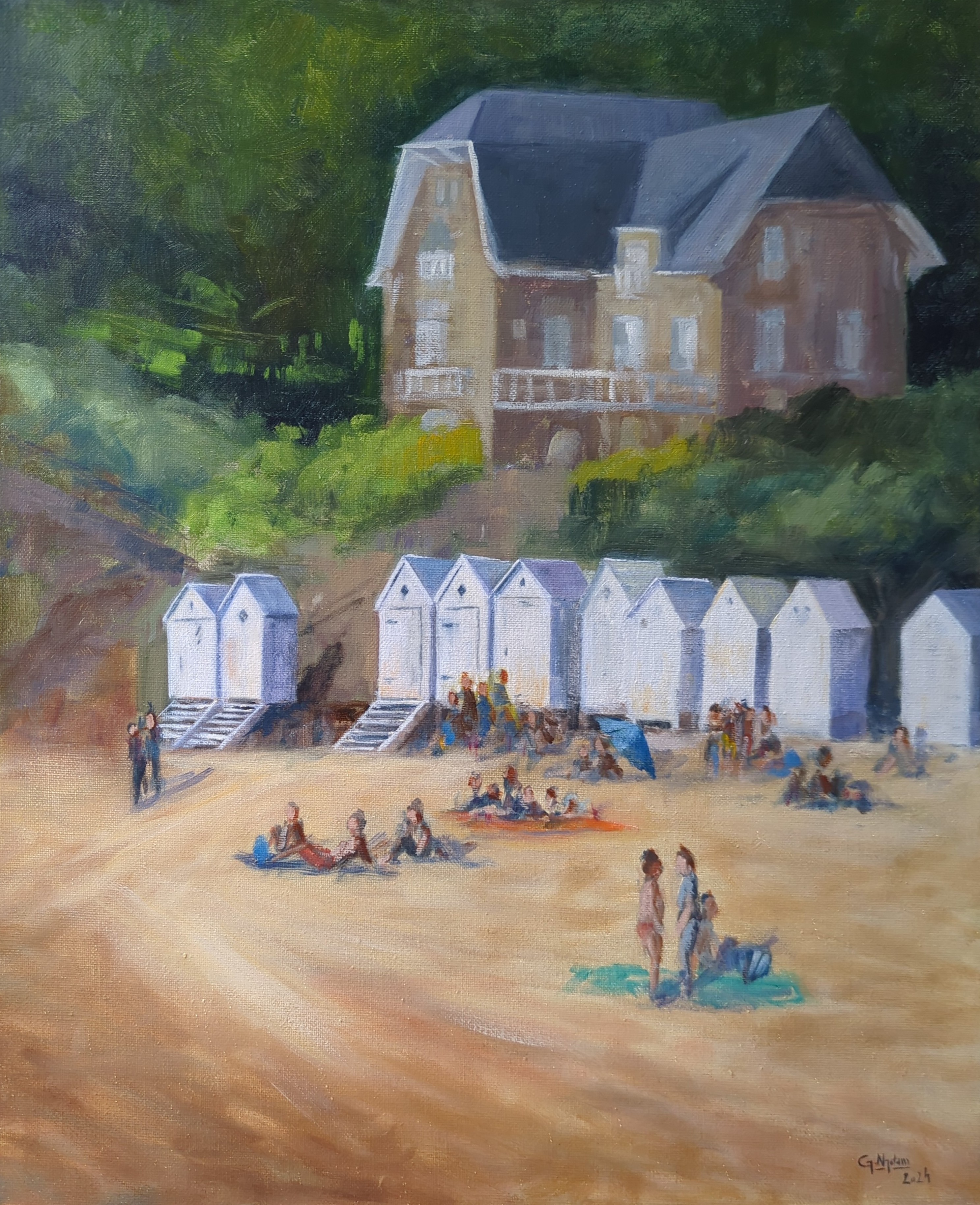 Les cabines de la grande Salinette St Briac, Huile sur toile — œuvre de Gaëtan NYDAM