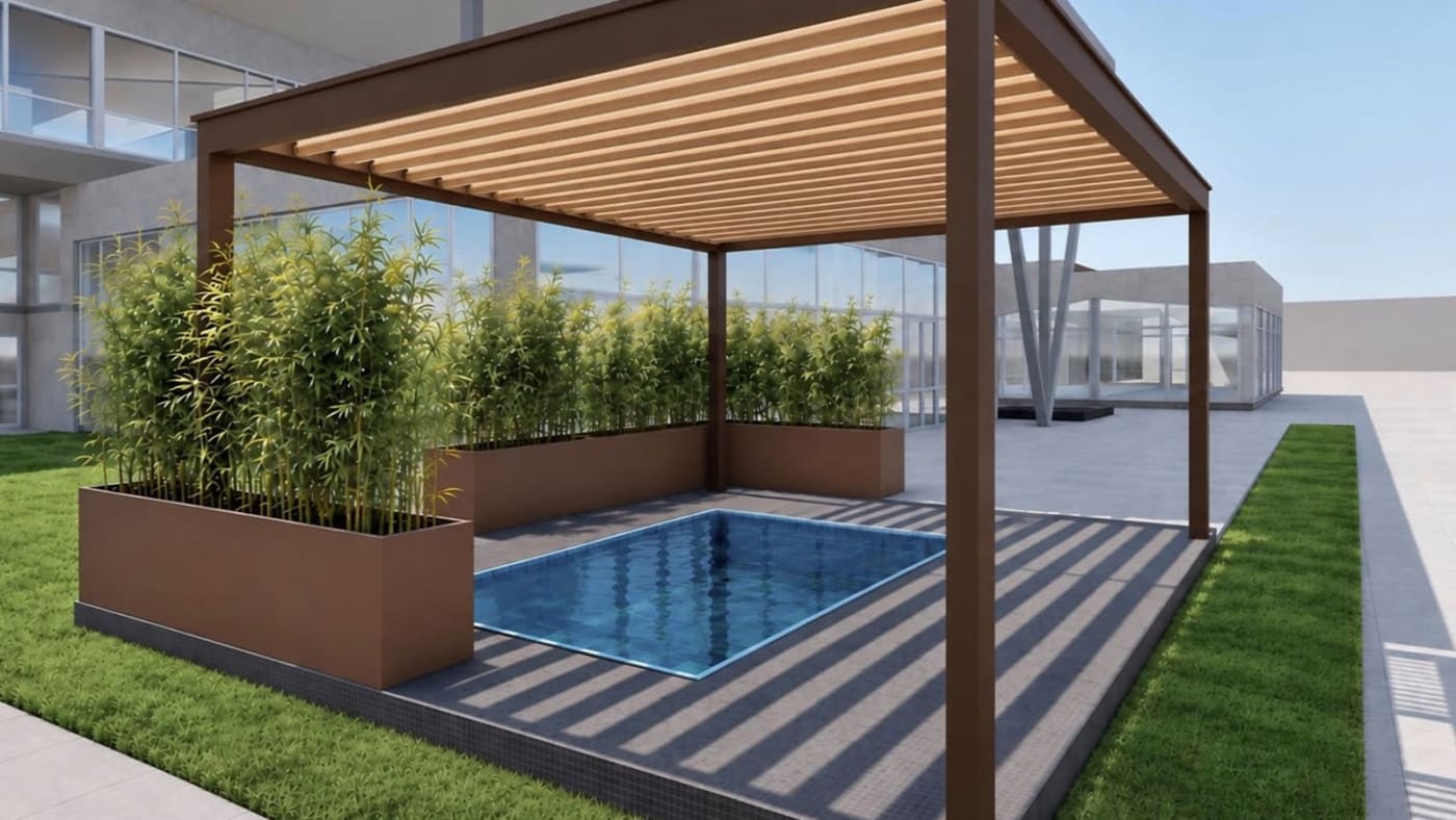 Rendu 3D du bassin sensoriel extérieur à 36 °C du spa Naïora à Strasbourg, sous une pergola