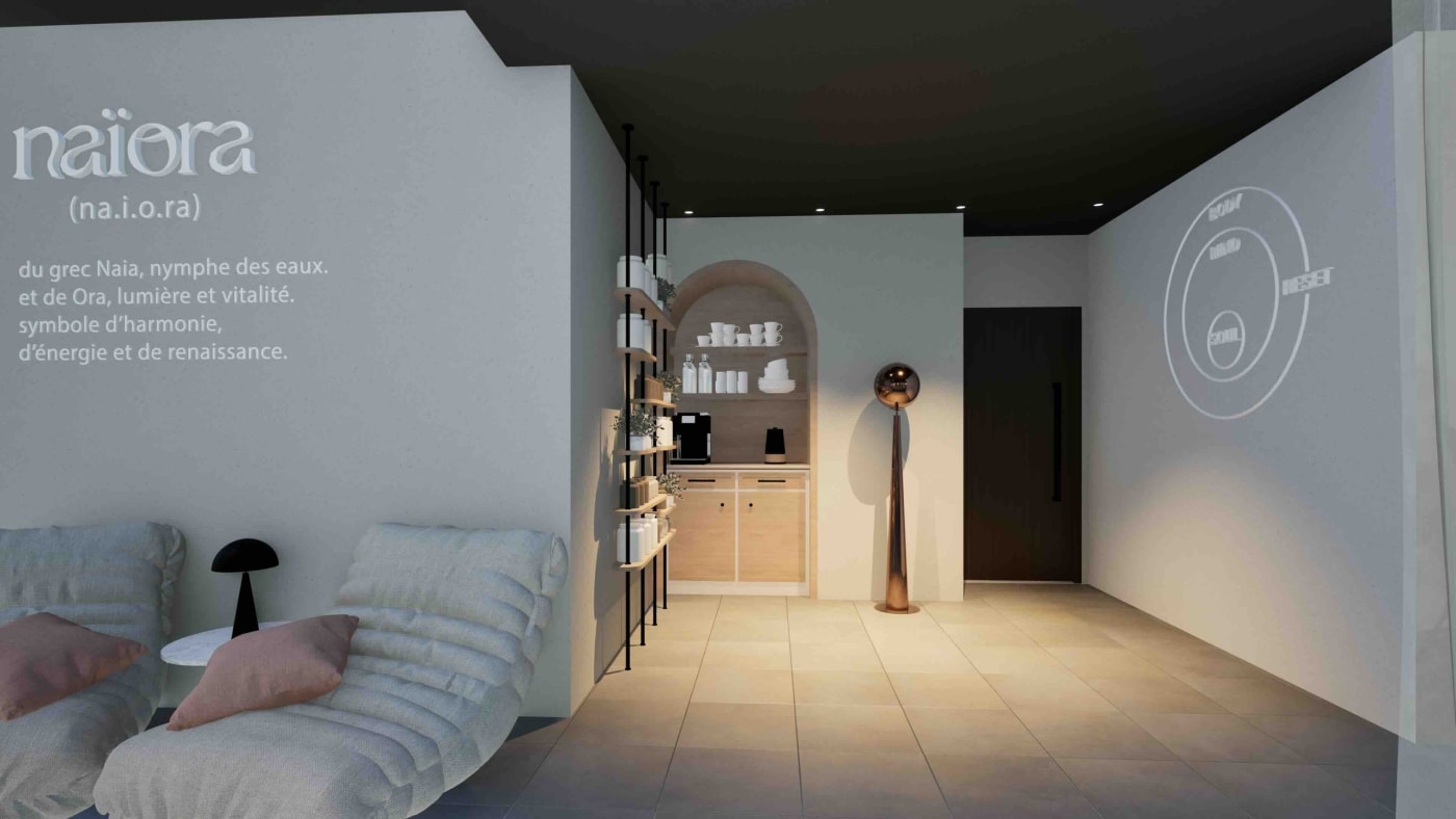 Rendu 3D de l'accueil du spa Naïora à Strasbourg, avec le nom de la marque au mur