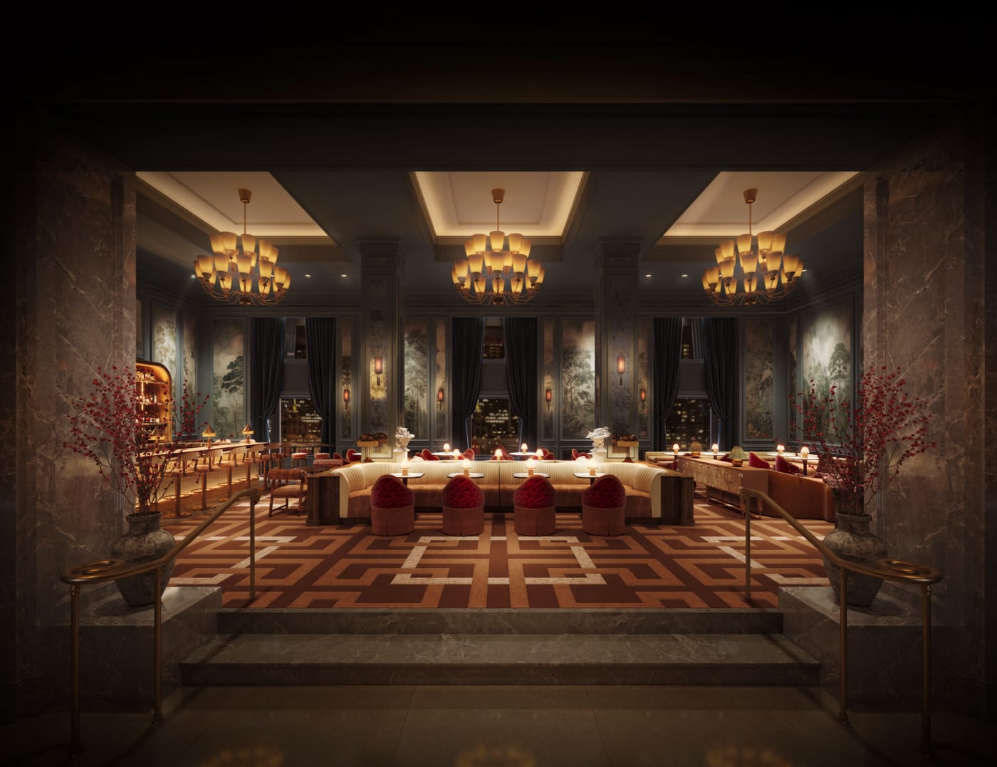 Renderização do bar de coquetéis Bruma no Ritz-Carlton San Francisco, sofás e lustres dourados sob três tetos iluminados