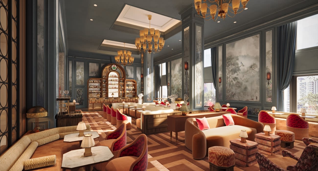 Renderização do bar do Bruma no Ritz-Carlton San Francisco, mural enevoado, poltronas vermelhas e arco de garrafas