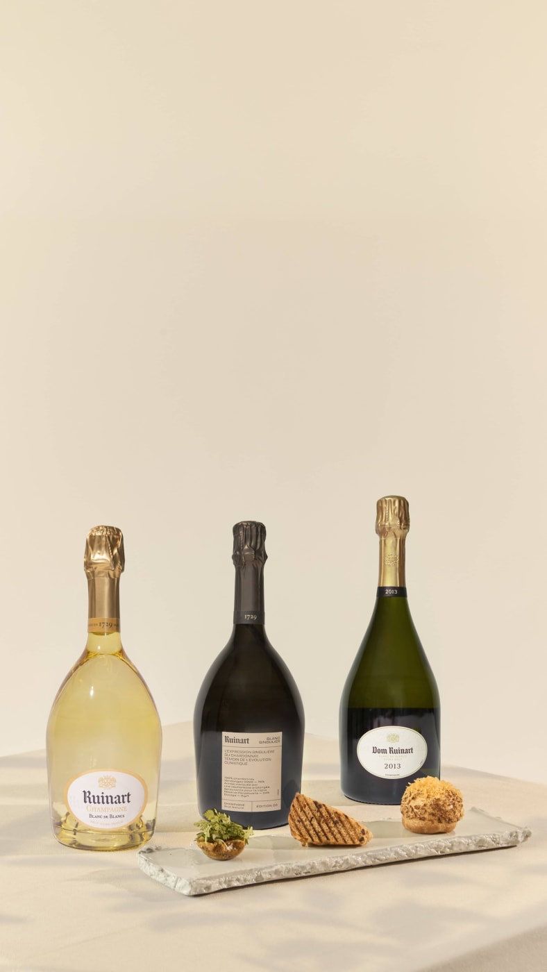 Tres botellas de Ruinart (Blanc de Blancs, Blanc Singulier, Dom Ruinart 2013) y tres bocados, masterclass Signature Chardonnay en Cheval Blanc Paris