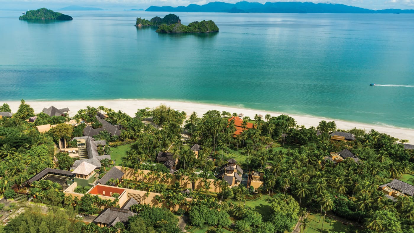 Aerial view of the Four Seasons Resort Langkawi and Tanjung Rhu beach facing the islets of the Andaman Sea