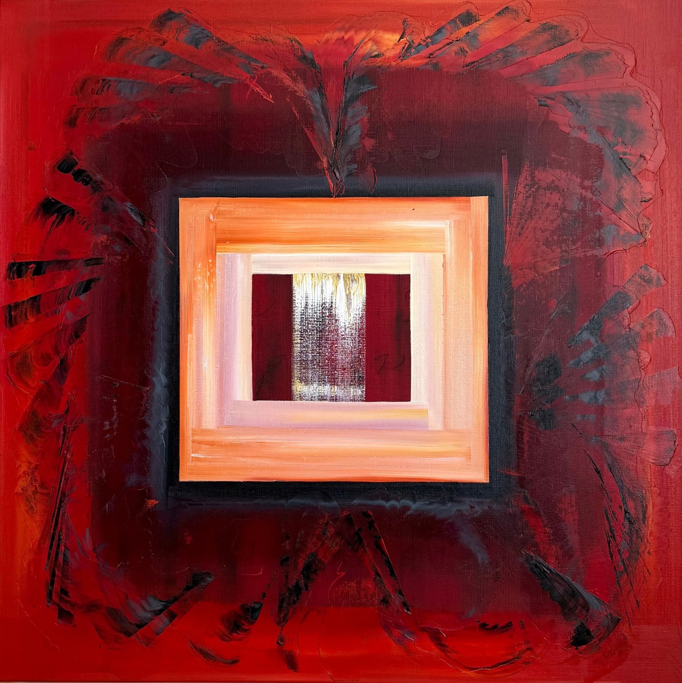 Quadratisches rotes Gemälde von Marie-Amélie Chéreau, Serie Les Incarnées im Palace Merano, mit einem Lichtrahmen in der Mitte