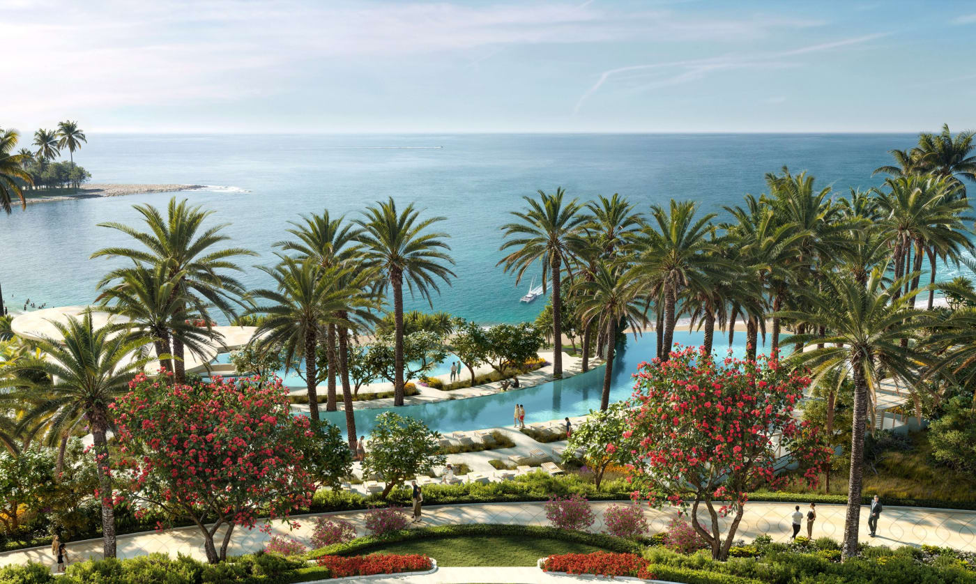 Rendu de la plage et des piscines de Wynn Al Marjan Island, palmiers et lauriers-roses face au golfe Arabique