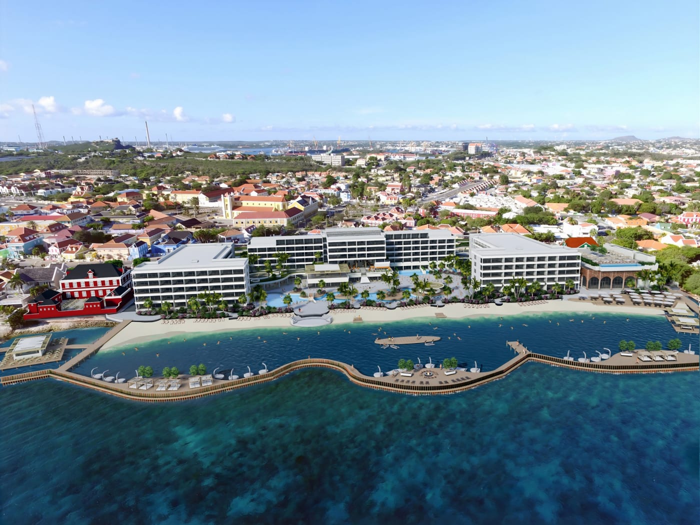 Rendu aérien du resort The Pyrmont Curaçao, de sa plage et de sa promenade sur la mer à Willemstad