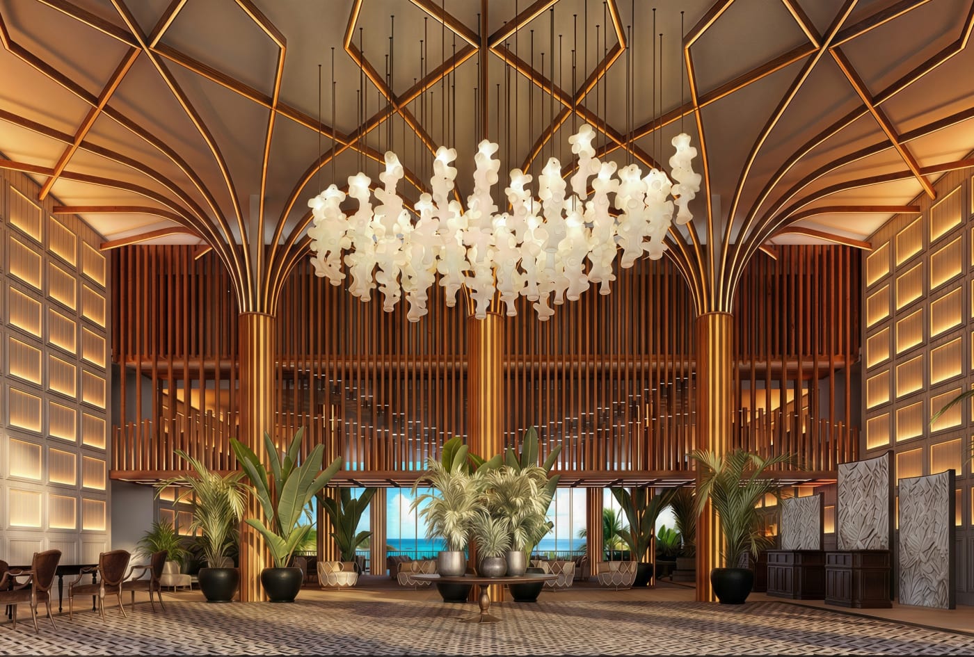 Rendu du lobby du resort The Pyrmont Curaçao avec son lustre et ses colonnes en éventail