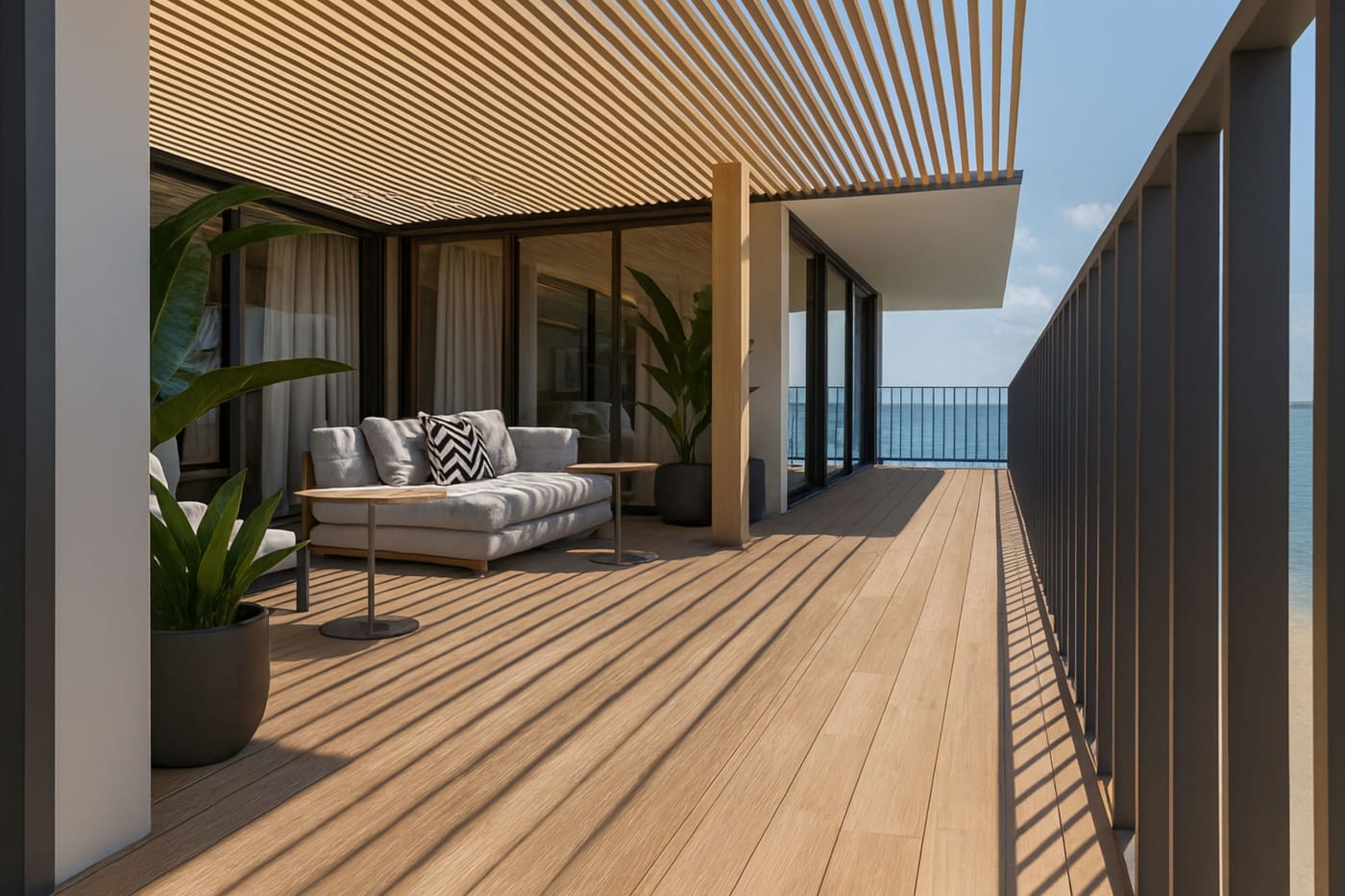 Rendu de la terrasse de la suite présidentielle du resort The Pyrmont Curaçao face à la mer