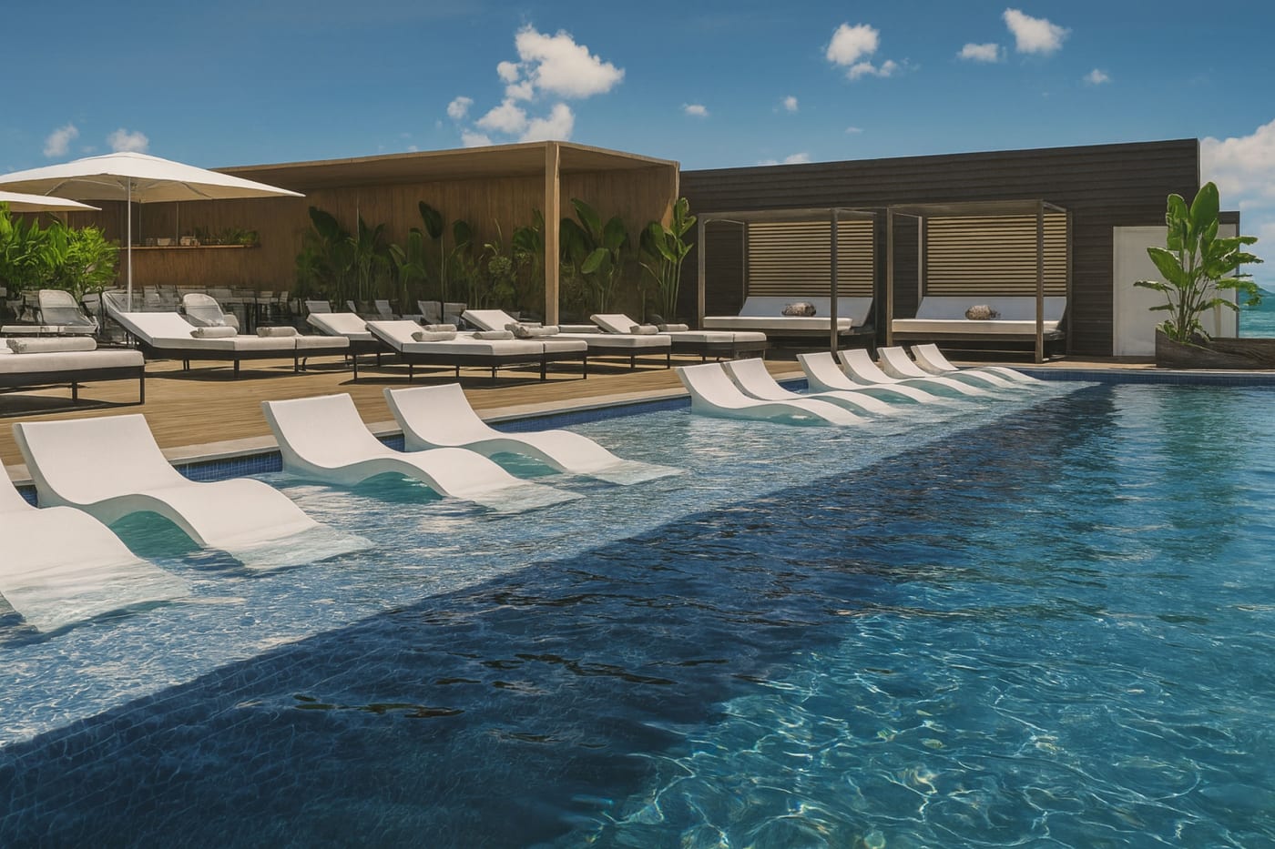 Rendu de la piscine à débordement et des cabanas du resort pour adultes The Pyrmont Curaçao