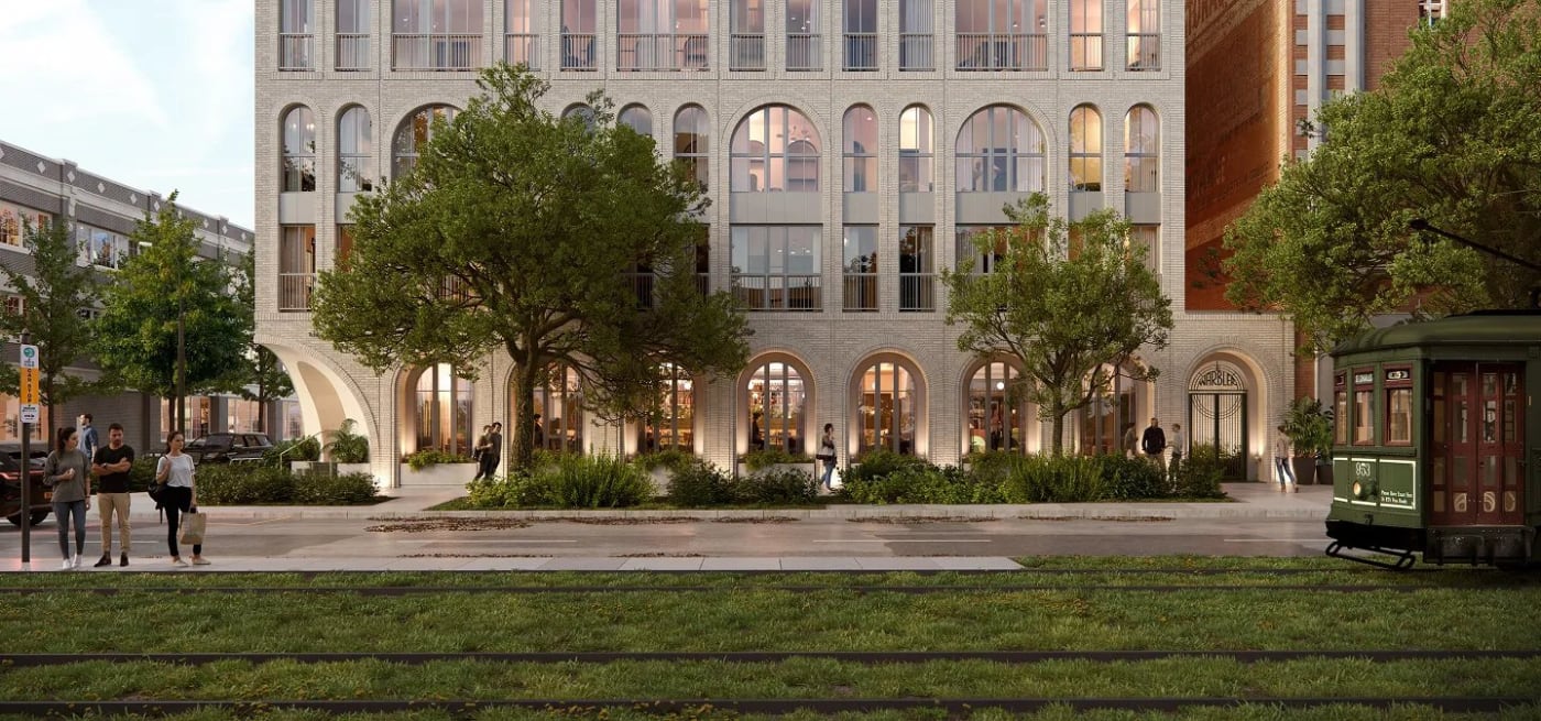 Rendu de la façade de l'hôtel The Warbler sur St. Charles Avenue à La Nouvelle-Orléans, avec le tramway au premier plan