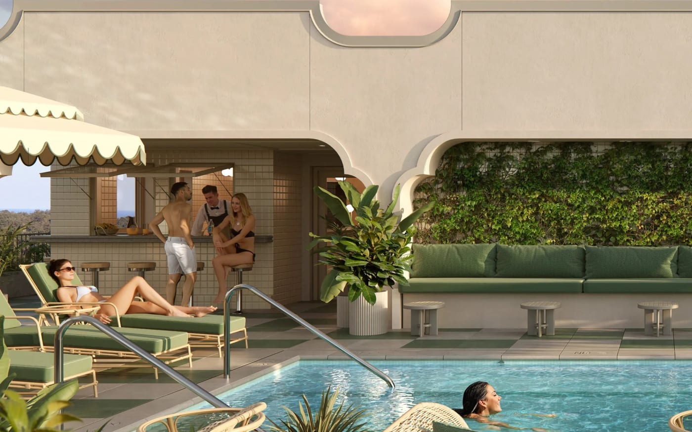 Rendu de la piscine sur le toit Upstairs de l'hôtel The Warbler à La Nouvelle-Orléans, transats verts et bar carrelé