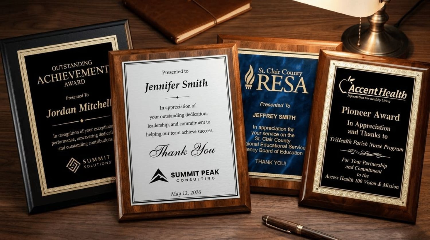 Corporate recognition plaques and custom engraved award plaques
