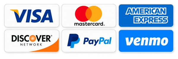 We accept Visa, Mastercard, American Express, Discover, PayPal and Venmo