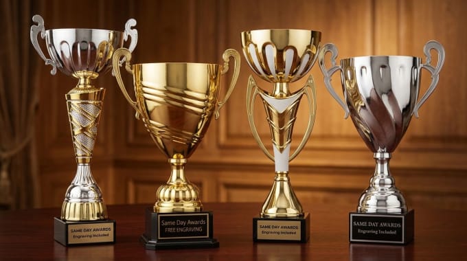 Gold and silver trophy cups for awards and recognition